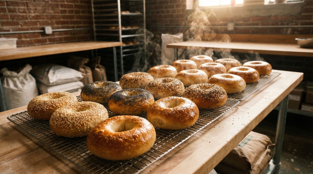 Wide landscape of a dozen fresh bagels cooling on a wire rack — sesame, poppy seed, everything