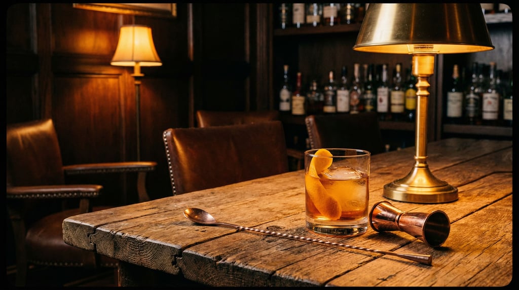 A rustic wooden table set with an Old Fashioned cocktail in a rocks glass