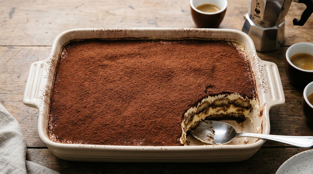Wide overhead shot of tiramisu in a rectangular ceramic dish