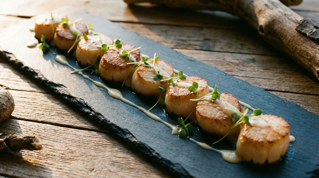 Panoramic shot of seared scallops arranged in a line on a long slate plate