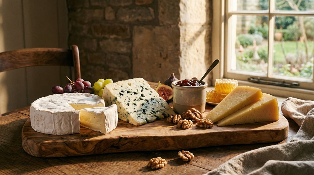 A panoramic cheese plate featuring Brie with its white bloomy rind partially cut
