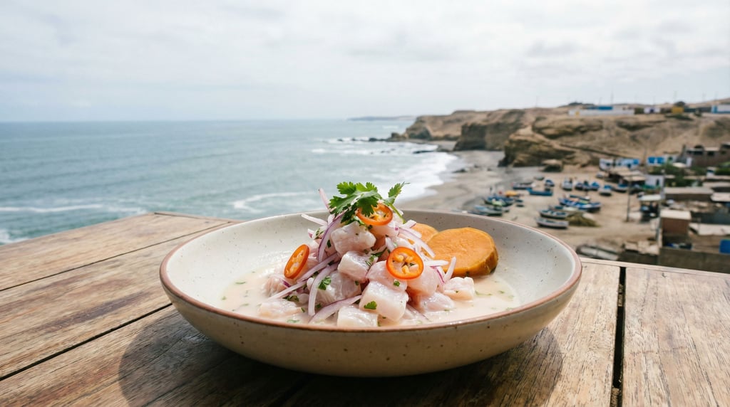 Wide landscape shot of a ceviche served in a shallow ceramic bowl — diced white fish glistening in c
