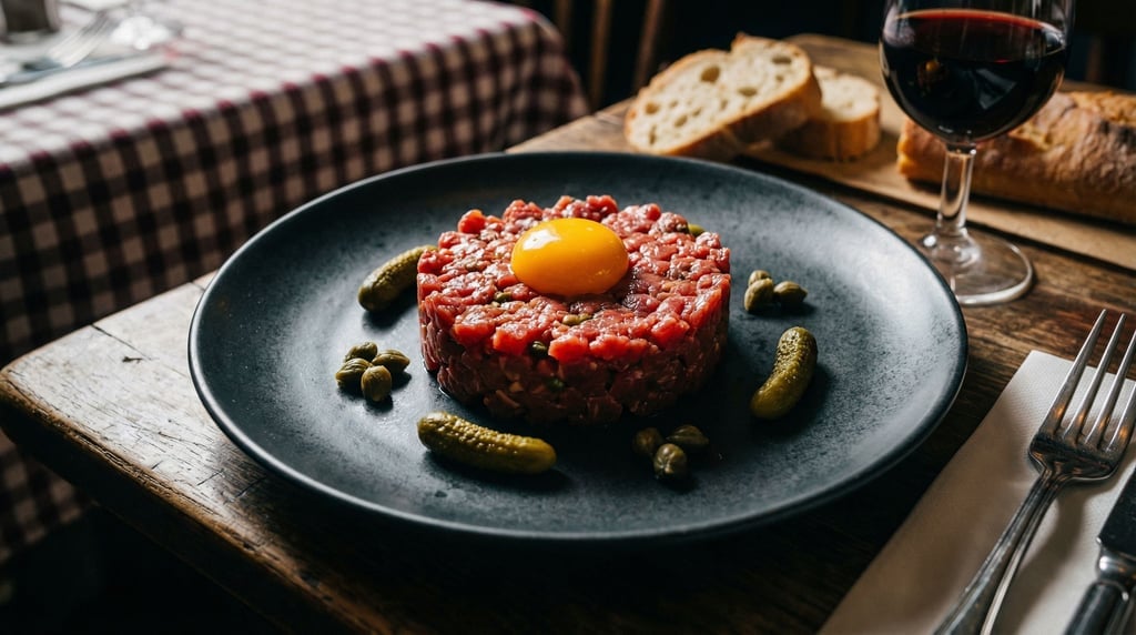 A wide shot of beef tartare on a dark ceramic plate