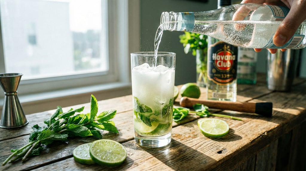 Wide composition of a Mojito being assembled — white rum