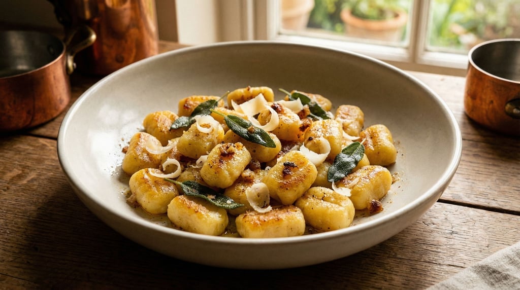 Panoramic shot of gnocchi in a wide shallow bowl tossed in brown butter and sage