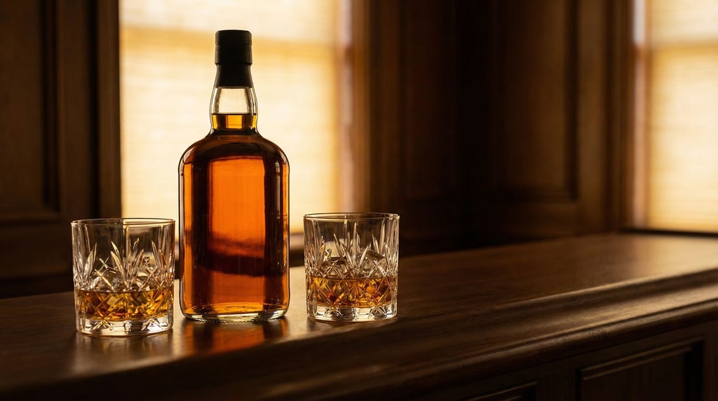 Wide shot of a bourbon bottle and two crystal glasses on a dark walnut bar