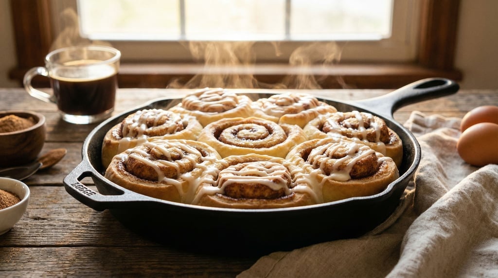 A panoramic view of cinnamon rolls fresh from the oven in a cast-iron skillet