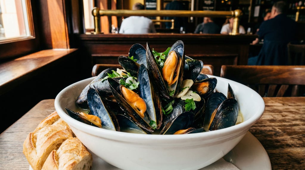 Wide landscape composition of mussels in a large white bowl with white wine broth