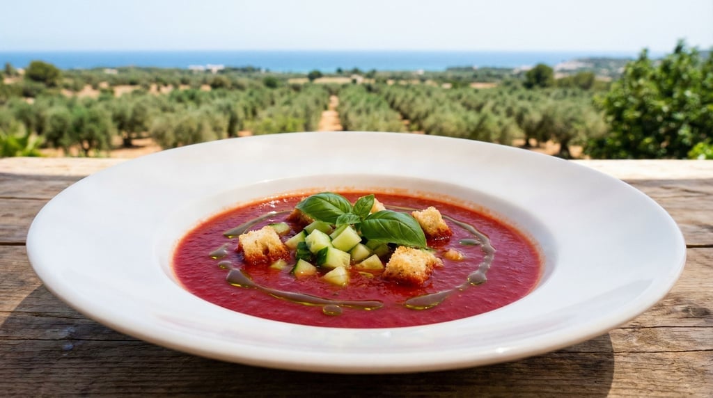Panoramic shot of a gazpacho served in a wide shallow bowl