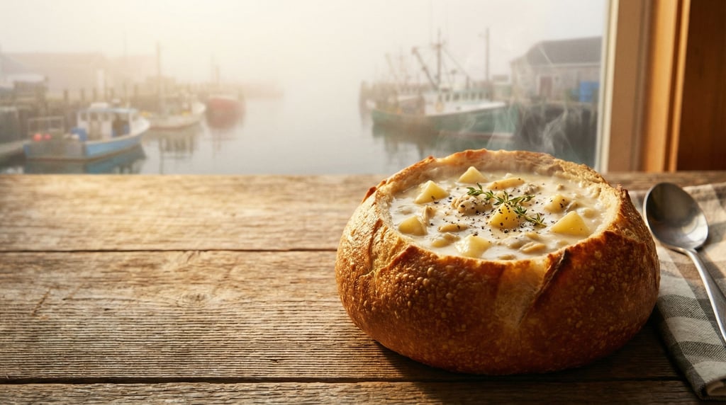 Wide shot of a clam chowder in a bread bowl, the creamy soup thick with potatoes and clams