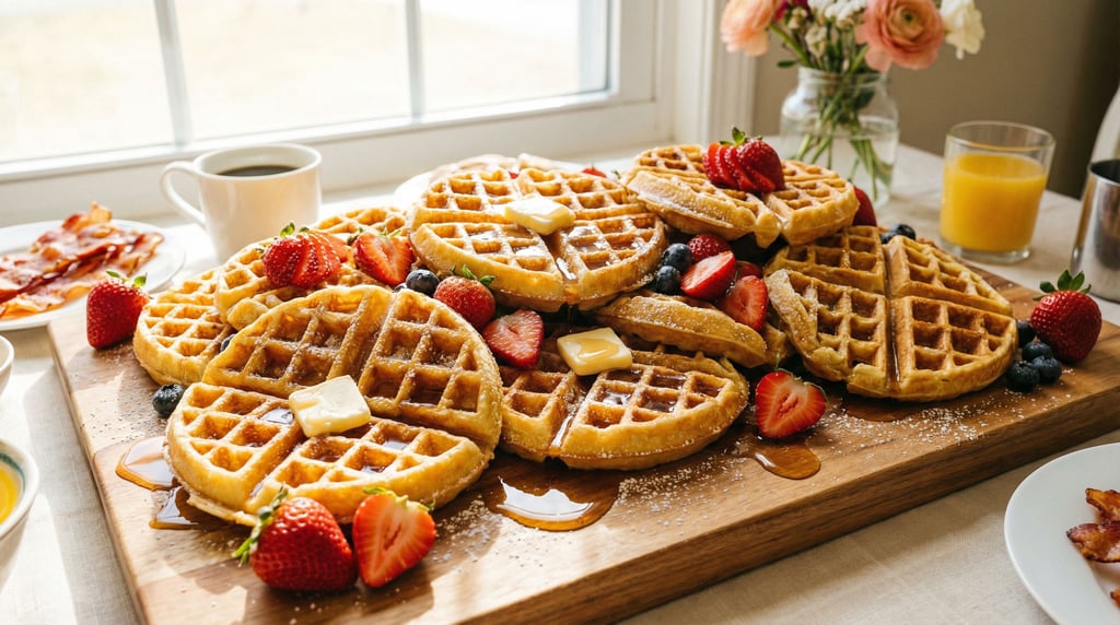 A wide arrangement of waffles on a wooden board — Belgian-style deep-pocketed and golden