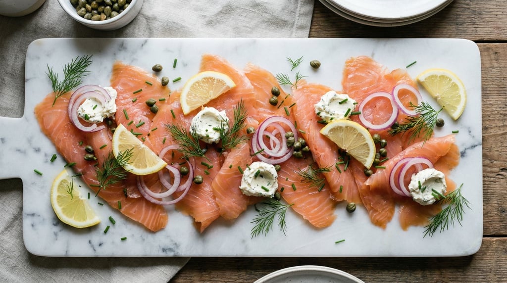 Panoramic composition of smoked salmon slices fanned on a marble board with cream cheese, capers