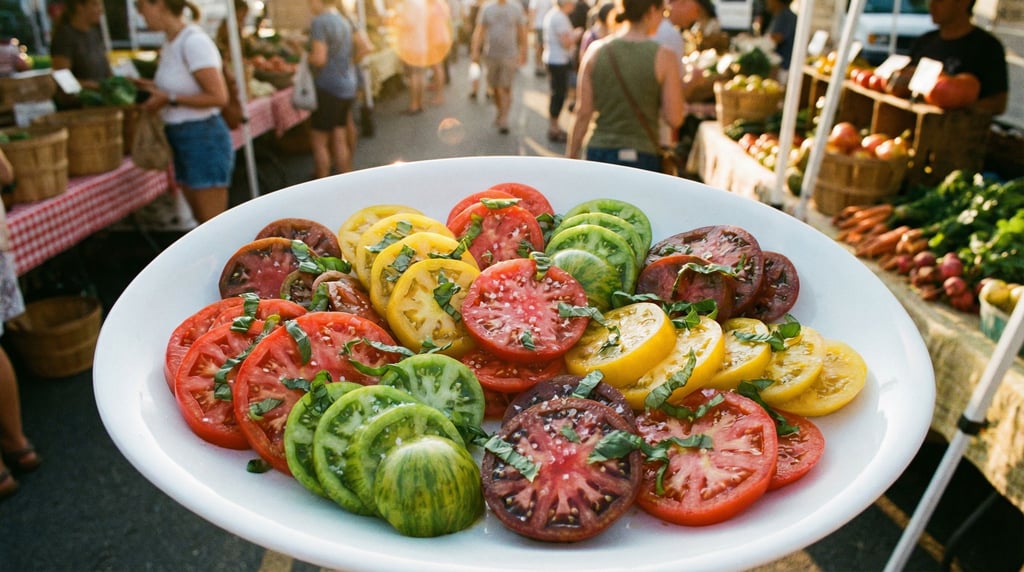 Wide shot of heirloom tomatoes of different sizes and colors — red, yellow, green-striped