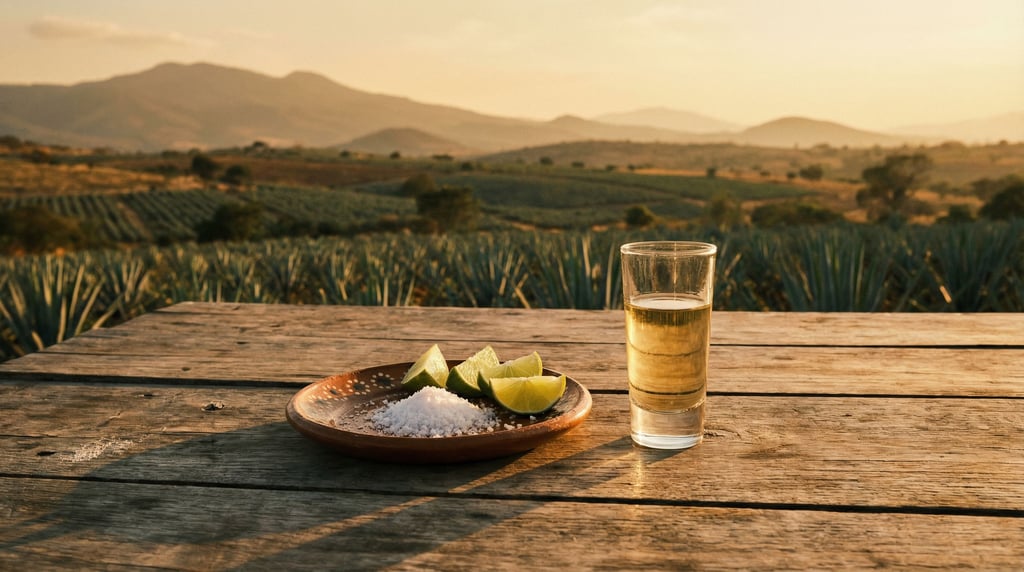 A wide landscape of tequila served traditionally — a caballito glass with pale gold reposado