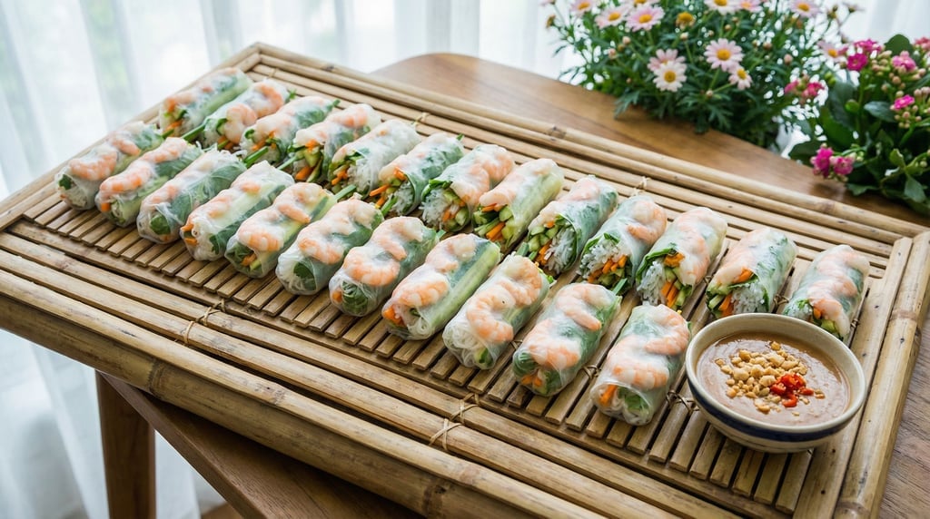 Panoramic view of fresh spring rolls arranged in a row on a bamboo mat