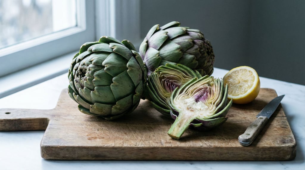 A panoramic scene of artichokes on a cutting board — two whole artichokes with their architectural l