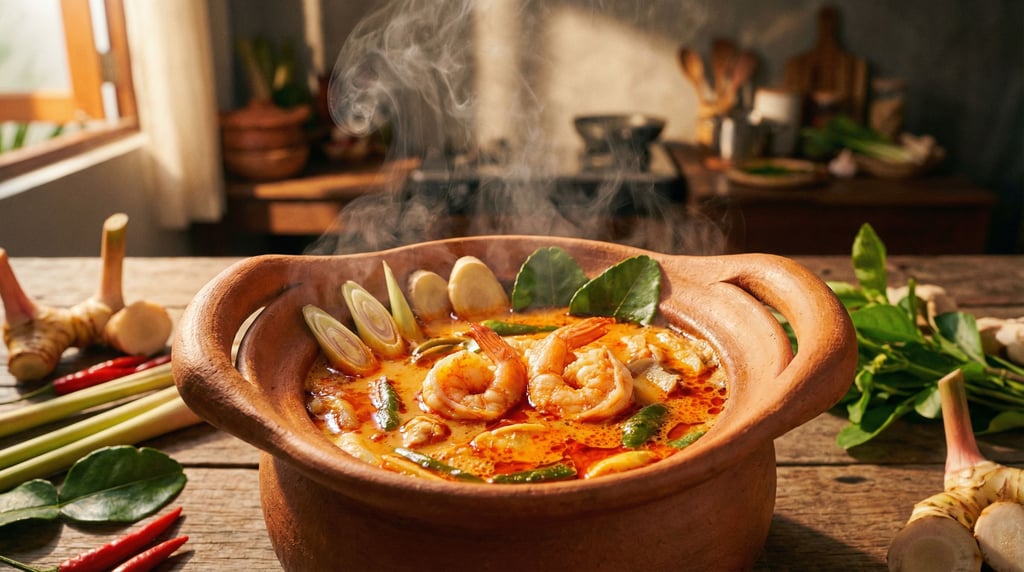 Wide shot of a tom yum soup in a clay pot