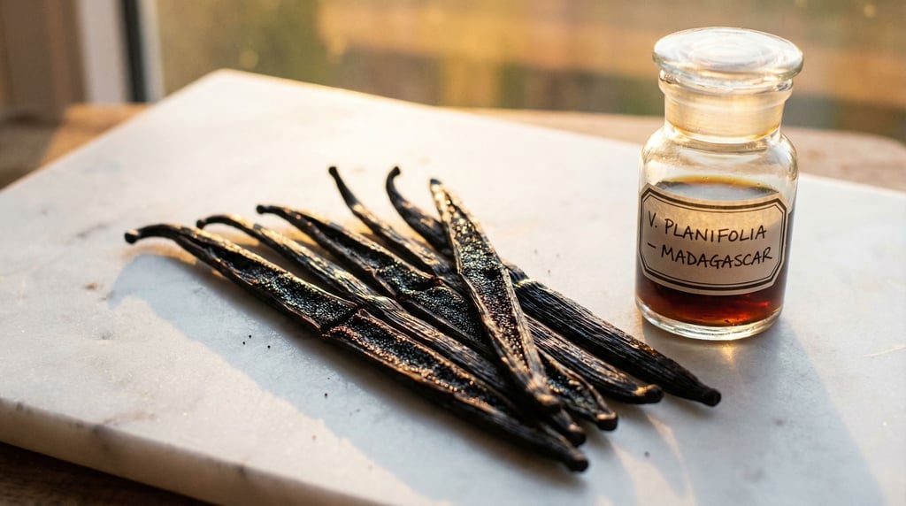 A wide horizontal arrangement of vanilla beans split lengthwise on a marble surface
