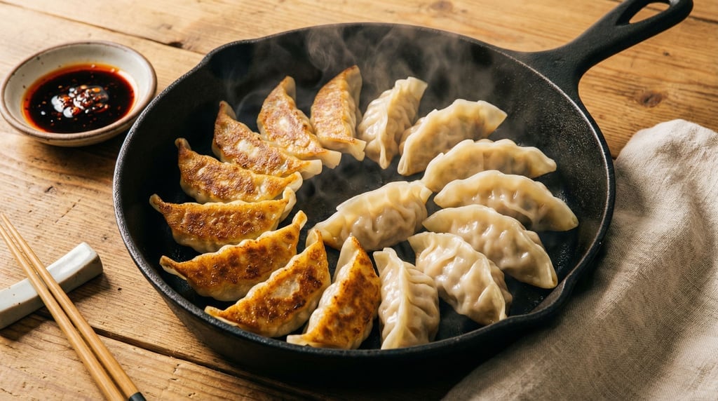 Panoramic view of gyoza dumplings arranged in a crescent pattern in a cast-iron skillet