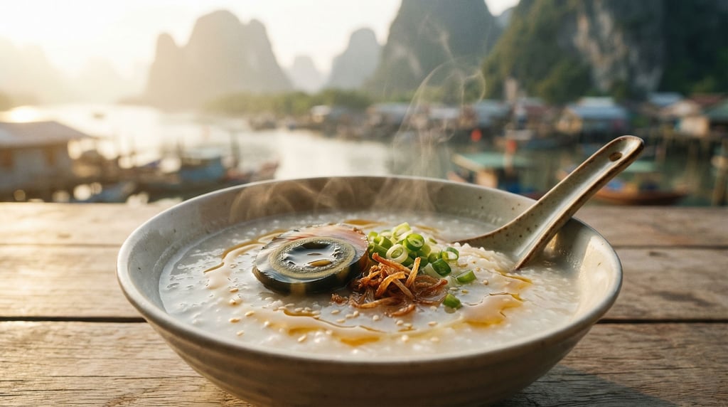 Wide landscape shot of a congee bowl with silky rice porridge, topped with a century egg