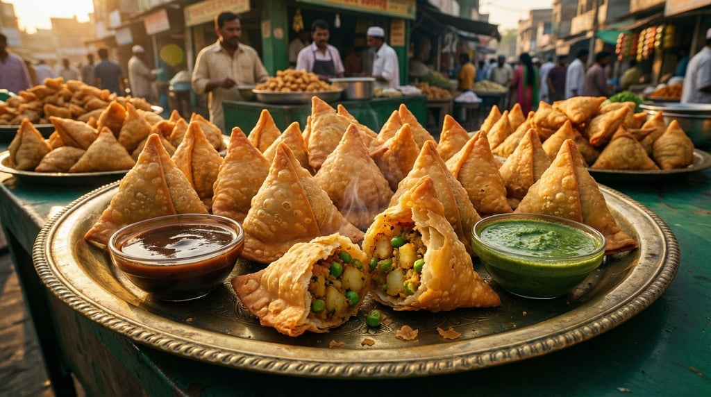 A panoramic composition of samosas on a brass tray