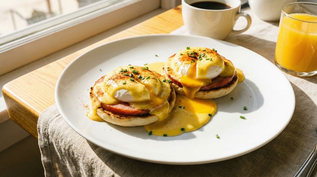 Wide shot of eggs benedict on a white plate — two poached eggs sitting on English muffin halves with
