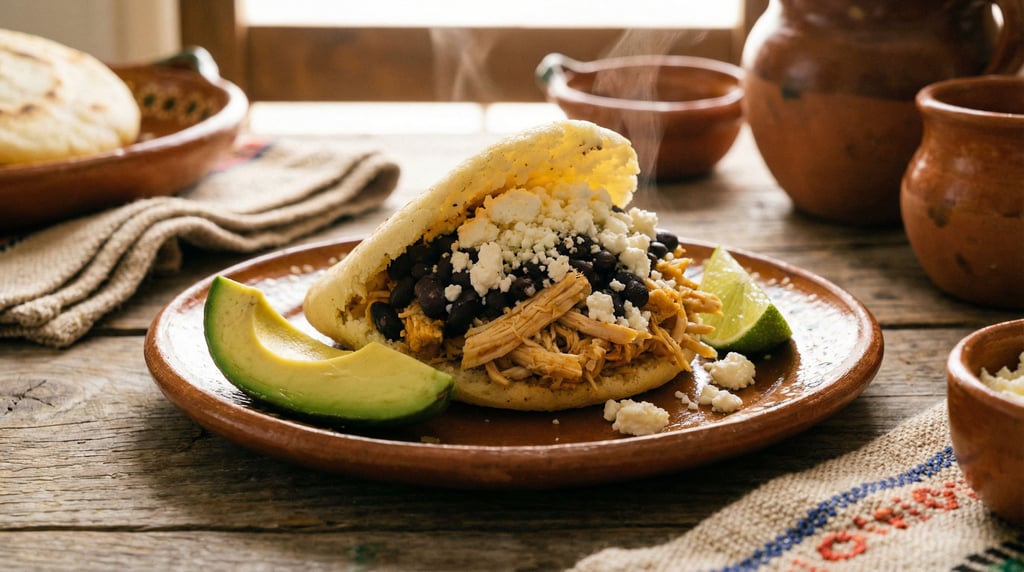 Panoramic view of an arepa split open on a ceramic plate, stuffed with shredded chicken