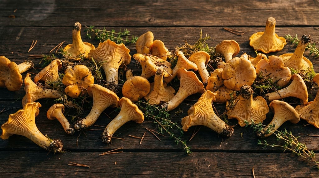 A panoramic arrangement of chanterelle mushrooms on a dark wooden surface