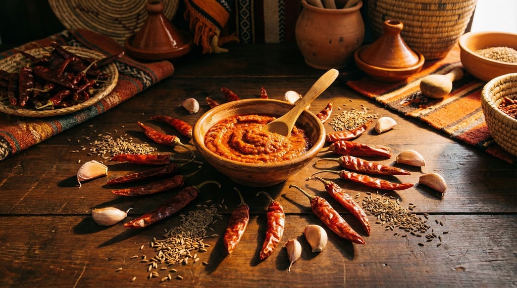 Wide shot of a harissa paste in a small ceramic bowl with a spoon