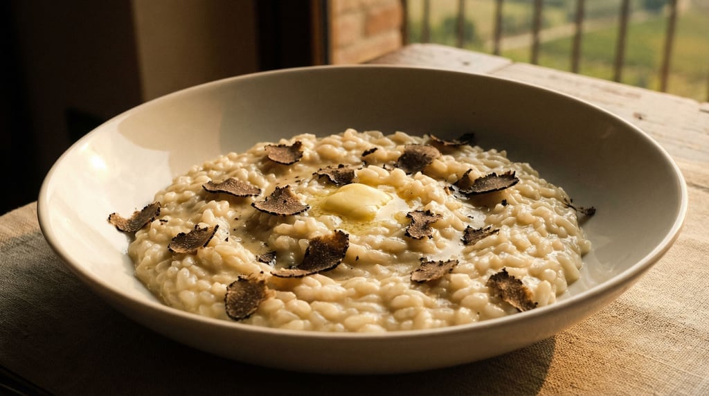 Panoramic view of a risotto in a wide shallow bowl
