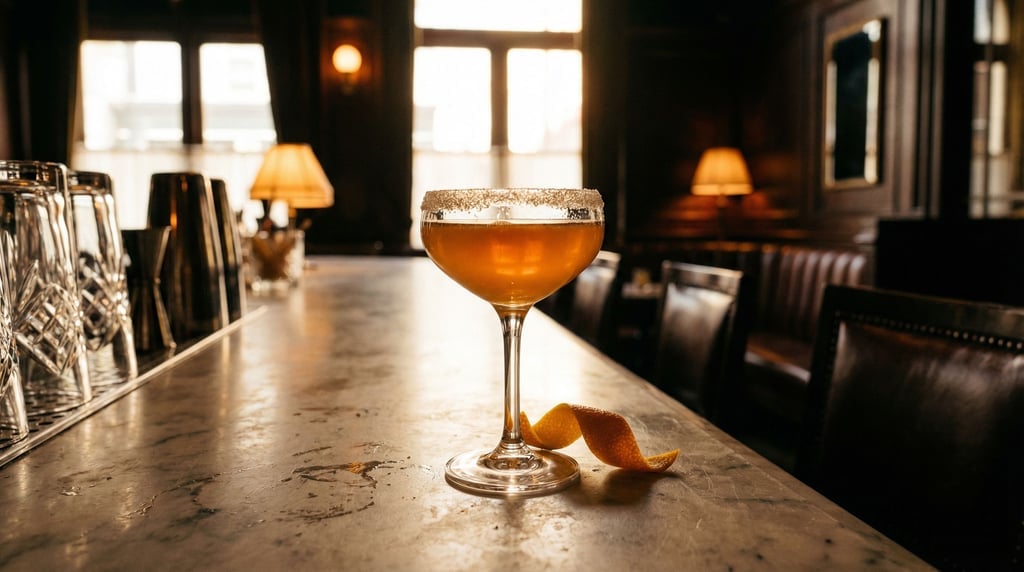 Wide shot of a Sidecar cocktail in a sugar-rimmed coupe glass on a marble bar surface