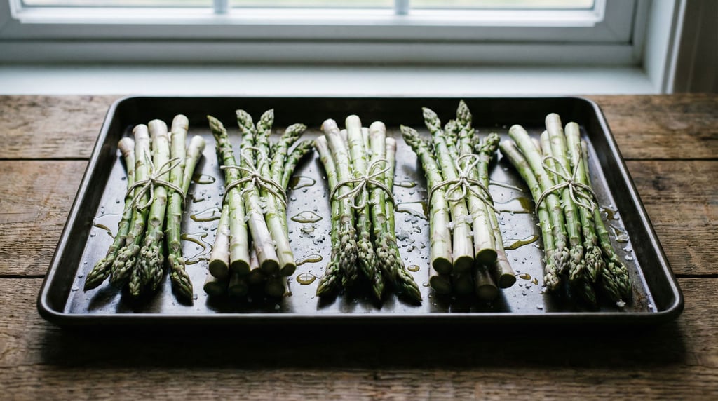 Wide landscape shot of asparagus spears bundled with kitchen twine on a sheet pan