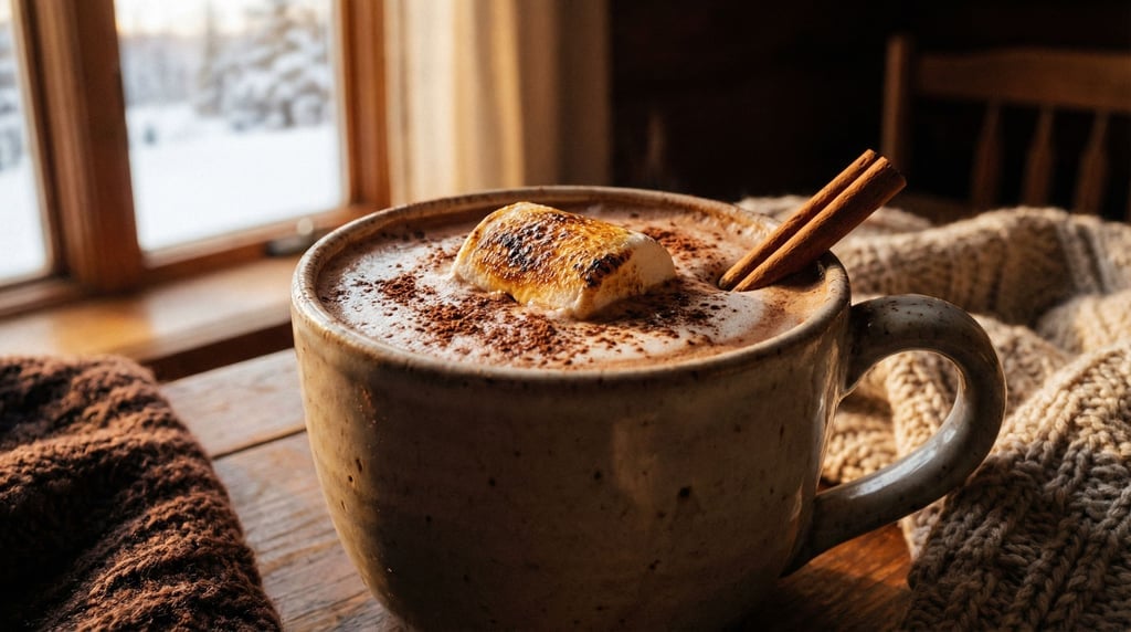 Panoramic composition of hot chocolate in a wide ceramic mug