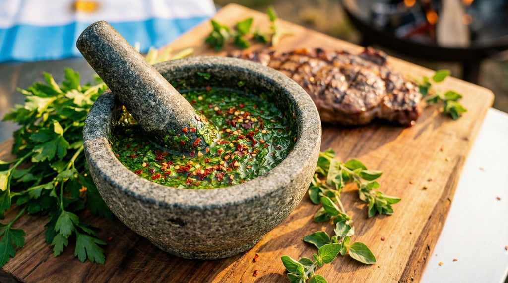 Wide shot of chimichurri sauce in a mortar with pestle