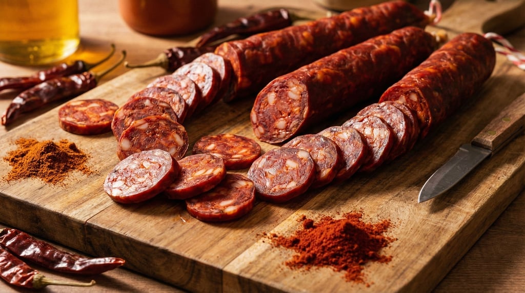 A panoramic view of chorizo sausages sliced on a wooden cutting board