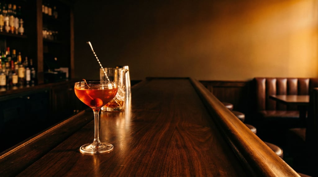 Wide shot of a Manhattan cocktail in a stemmed glass on a dark walnut bar