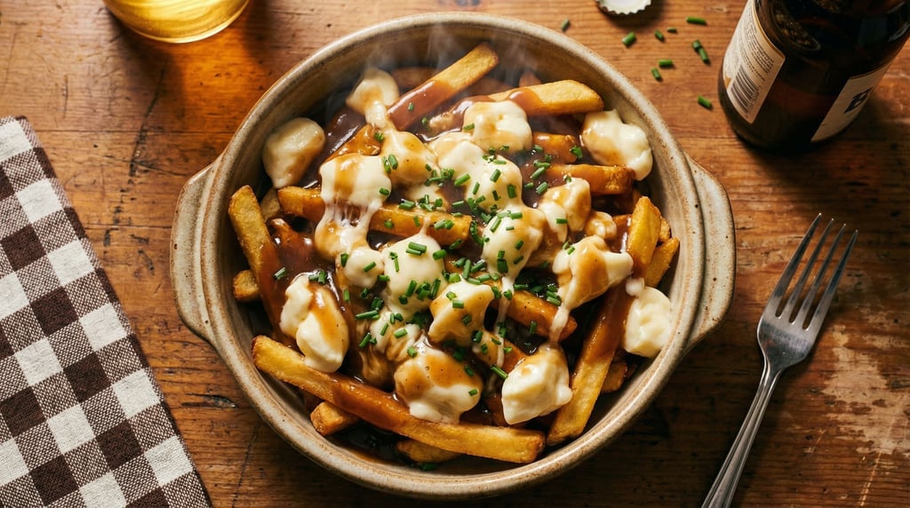 Panoramic composition of poutine in a ceramic bowl — golden fries covered in dark gravy and white ch