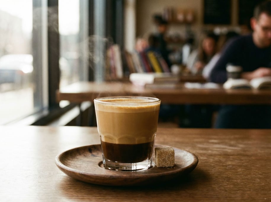 A cortado in a small clear glass on a walnut saucer