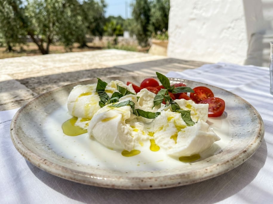 Fresh mozzarella torn by hand on a ceramic plate
