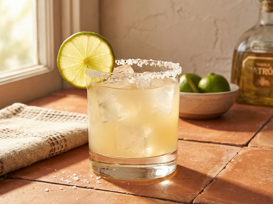 A Margarita cocktail in a salt-rimmed rocks glass over ice