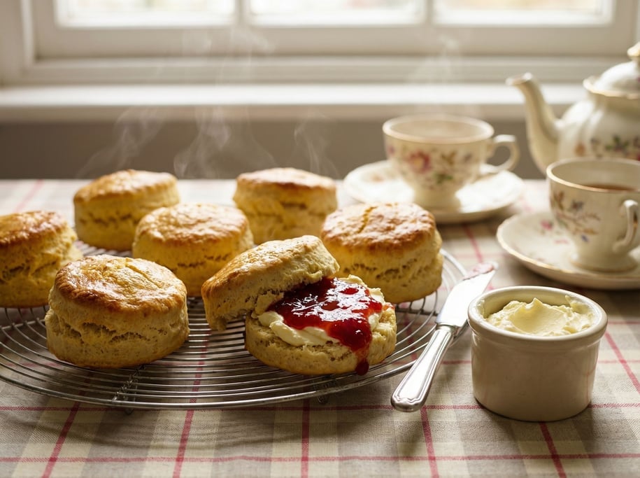 Scones fresh from the oven on a cooling rack, their tops cracked and golden