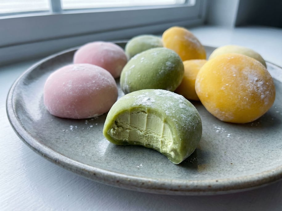 Mochi ice cream pieces arranged on a ceramic plate — pale pink, matcha green