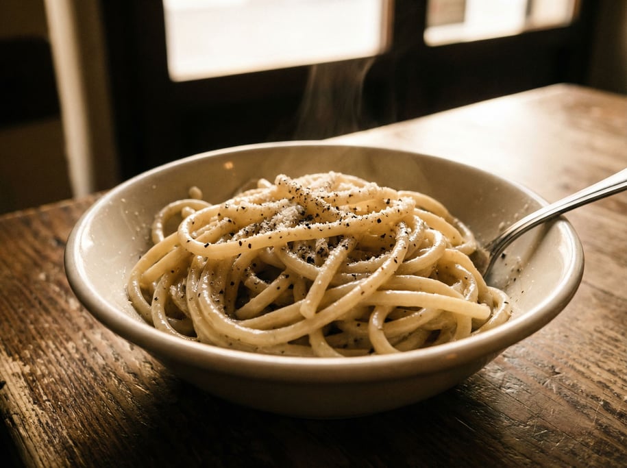 A bowl of cacio e pepe — thick tonnarelli pasta coated in a glossy emulsion of Pecorino Romano and c