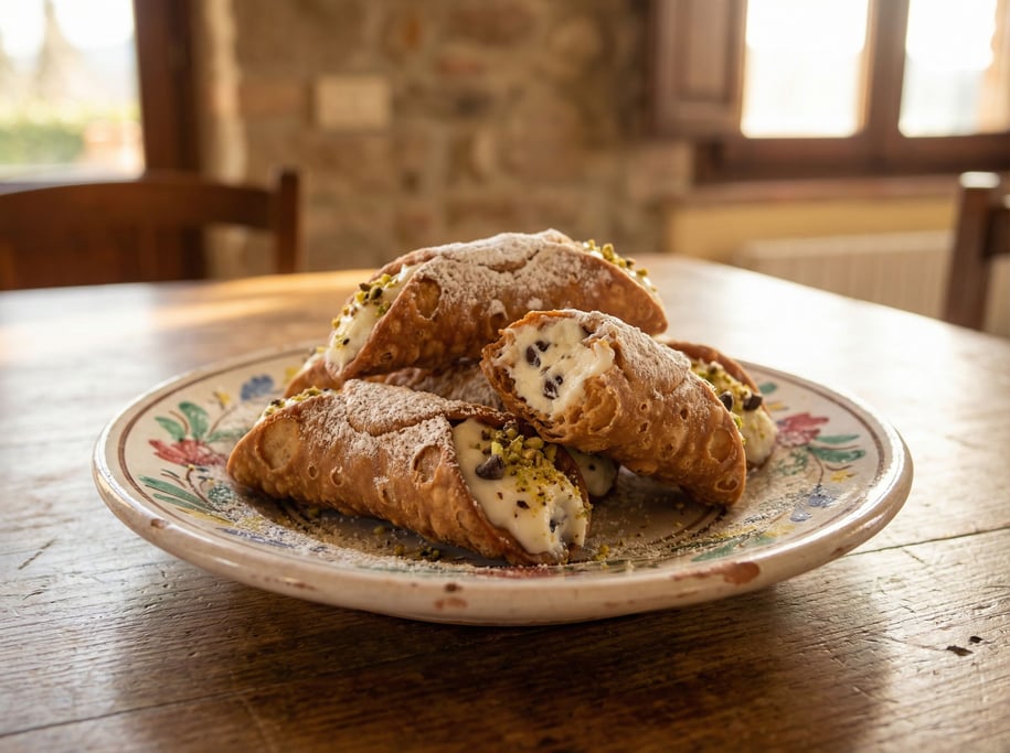 Cannoli on a ceramic plate, the crispy fried shells filled with sweet ricotta cream studded with cho