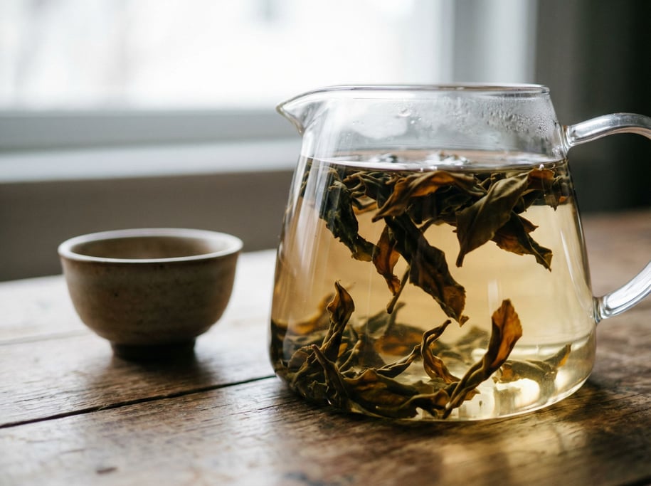 Oolong tea leaves unfurling in a glass teapot