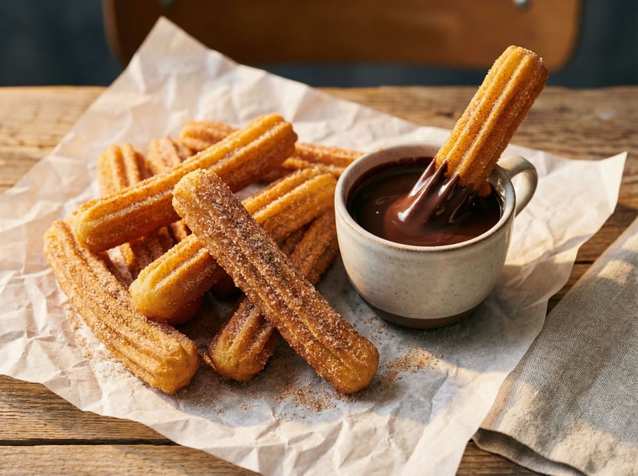 Churros dusted with cinnamon sugar on parchment paper, their ridged exteriors golden and crispy
