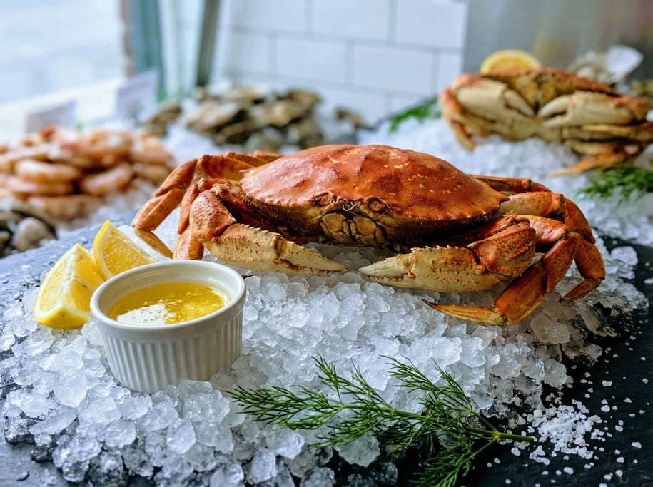 A crab on a bed of crushed ice, its shell a deep orange-red, claws arranged symmetrically