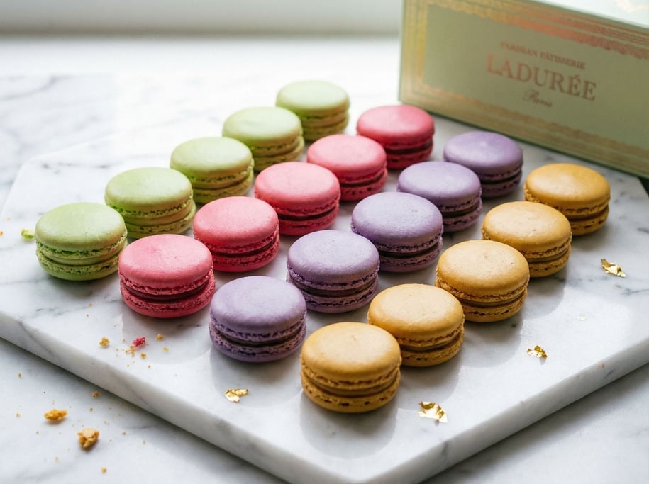 Macarons arranged in a neat grid on a marble surface — pistachio green, raspberry pink
