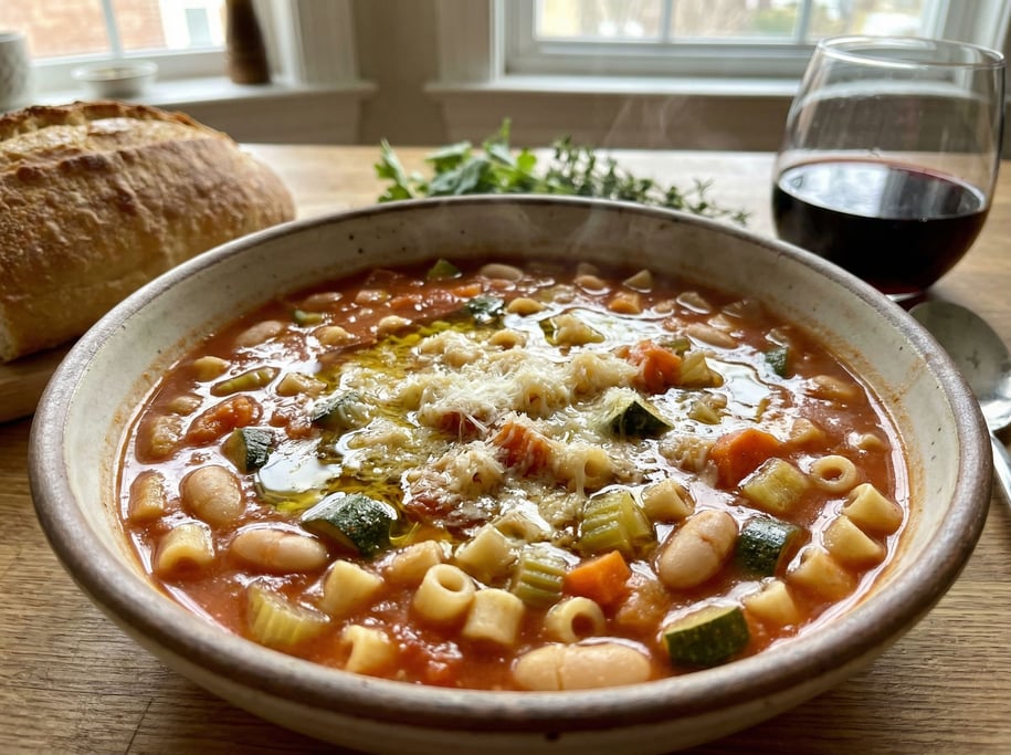 A bowl of minestrone soup thick with vegetables — cannellini beans, zucchini, carrots, celery