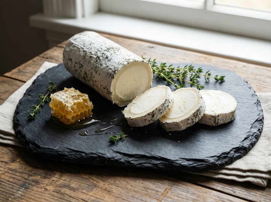Goat cheese log on a slate board, the white rind dusted with ash or herbs